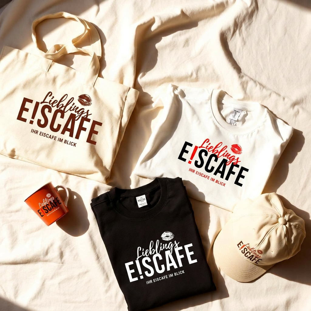 Branded Merchandise-Kollektion für Eiscafés – Tote Bag, Tasse, Shirt, Cap